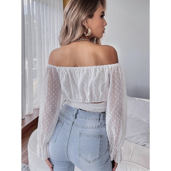 Swiss Dot Tie Front Crop Top long sleeve blouse boho white - Picture 2 of 11